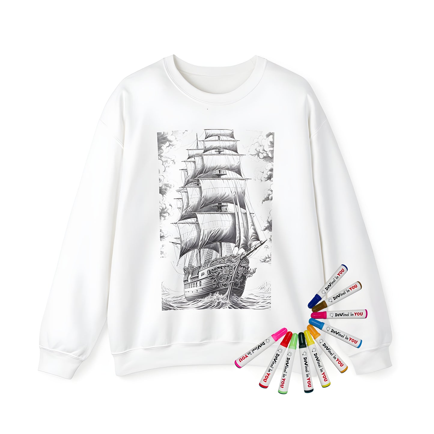 Adult sweatshirt with a vintage tall ship design featuring full sails and a cloudy ocean scene