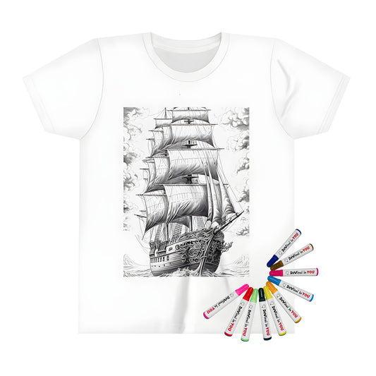 Coloring page print of a kid's tall ship design on a t-shirt