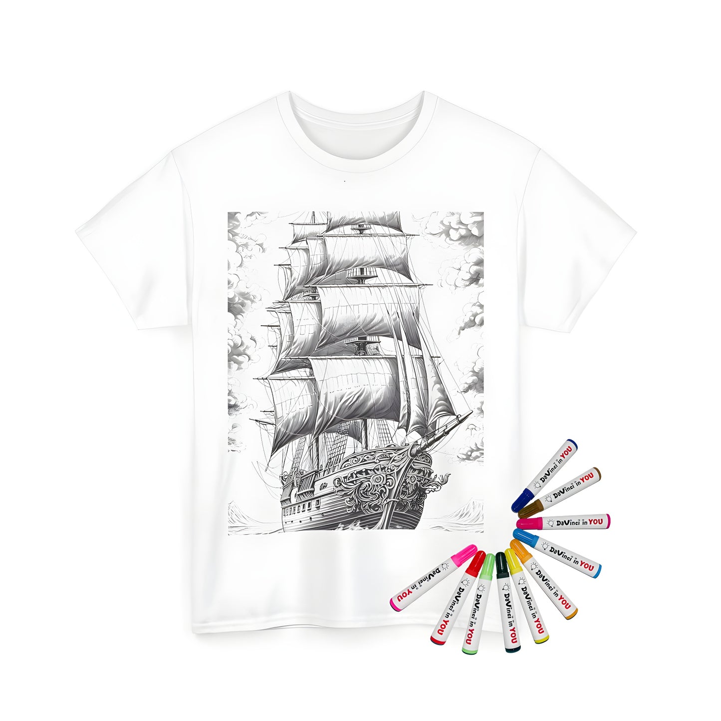 A highly detailed drawing of a tall ship with full sails sailing through the ocean under a cloudy sky on a unisex t-shirt