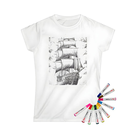 Women's T-shirt featuring a highly detailed drawing of a ship with full sails sailing through the ocean under a cloudy sky. Includes a set of 10 vibrant fabric markers.