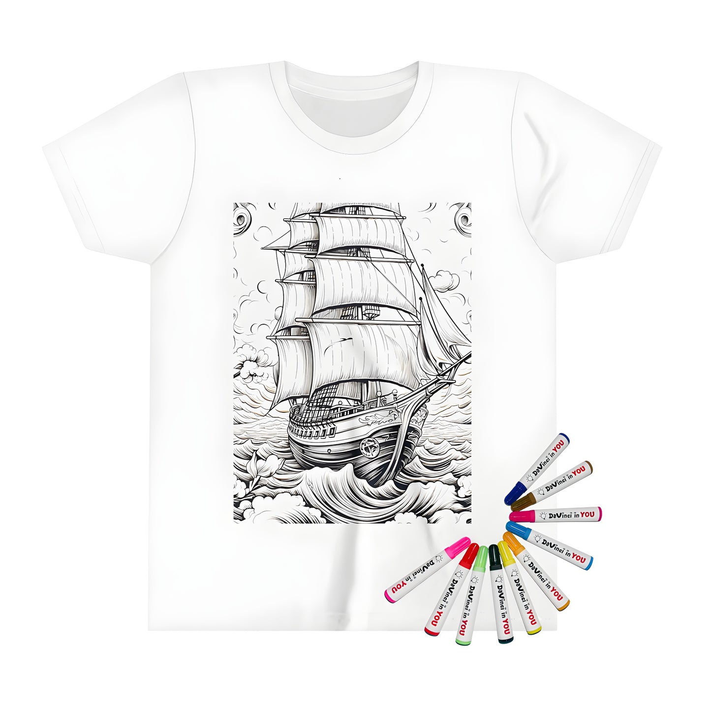 Coloring kit apparel for kids featuring an anchor or boat illustration of a pirate ship sailing in calm waters