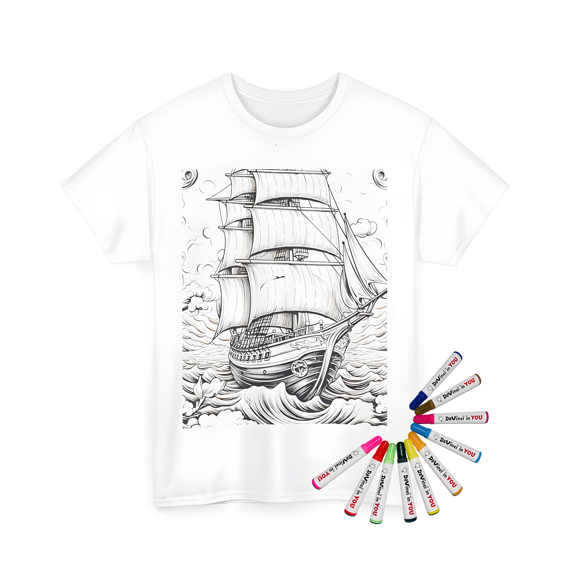 Unisex t-shirt featuring a detailed illustration of a sailing ship with large sails, navigating through rough ocean waves under a cloudy sky.