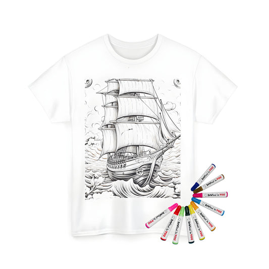 Unisex t-shirt featuring a detailed illustration of a sailing ship with large sails, navigating through rough ocean waves under a cloudy sky.