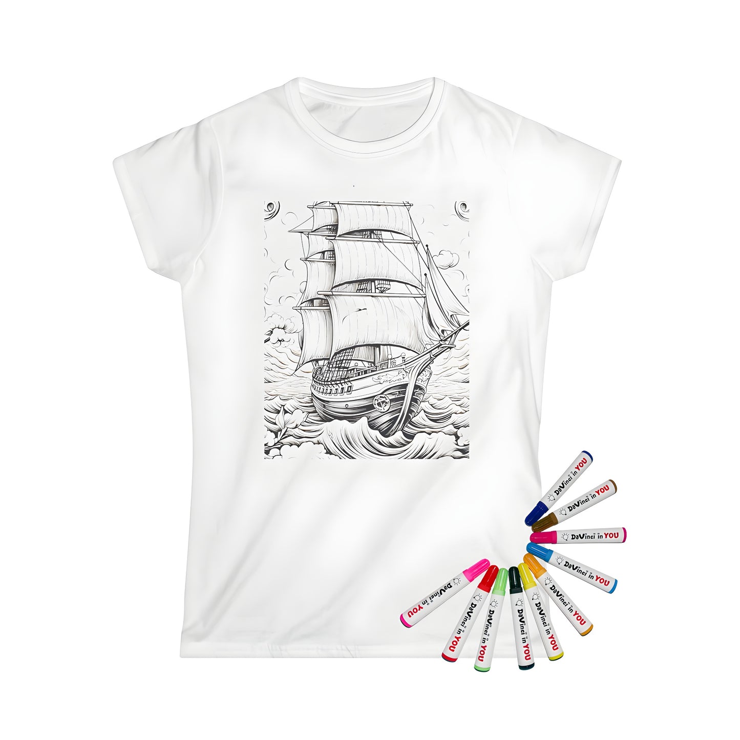 Women's sailing ship t-shirt with coloring kit and fabric markers