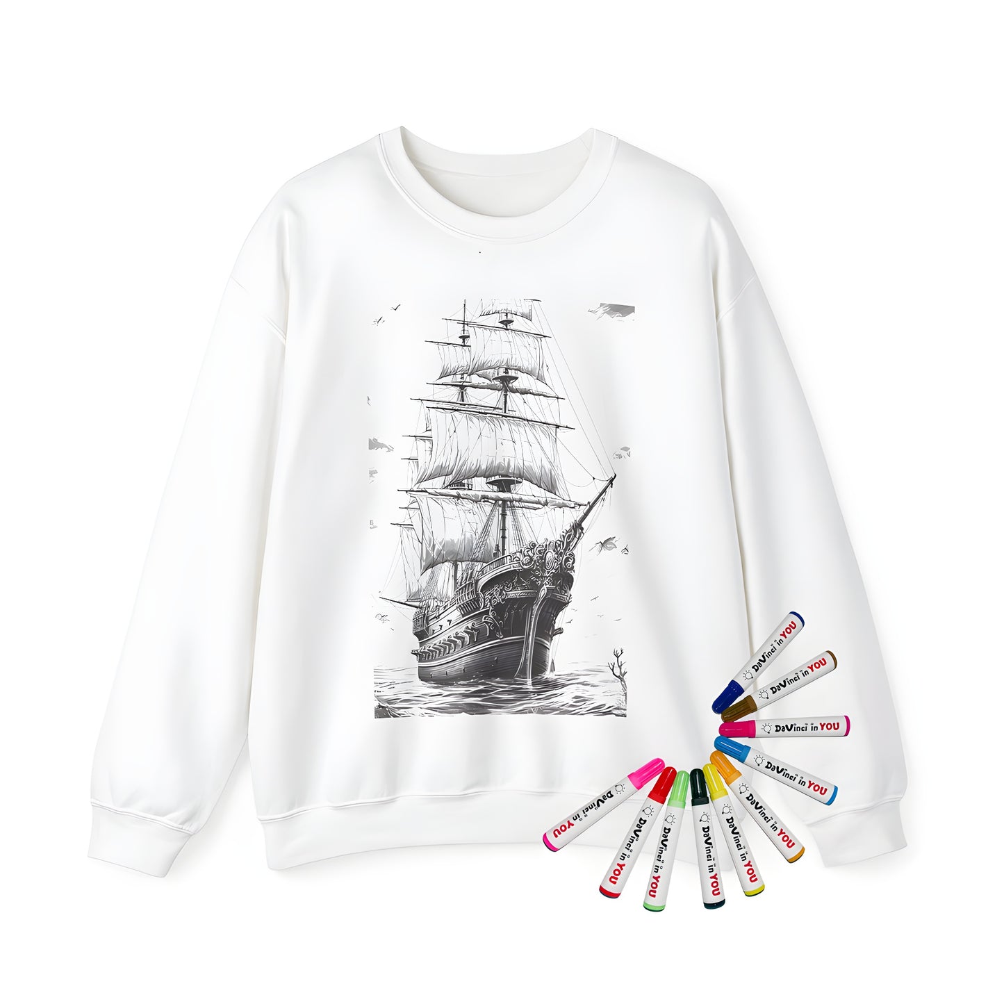 Adult sweatshirt featuring a vintage sailing vessel illustration, complete with ocean waves and birds flying overhead.