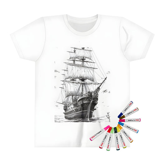 Detailed black and white kid's t-shirt design featuring a vintage sailing pirate ship with waves and birds in the sky