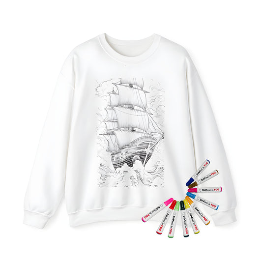 Historic vessel coloring kit sweatshirt with fabric markers for adults