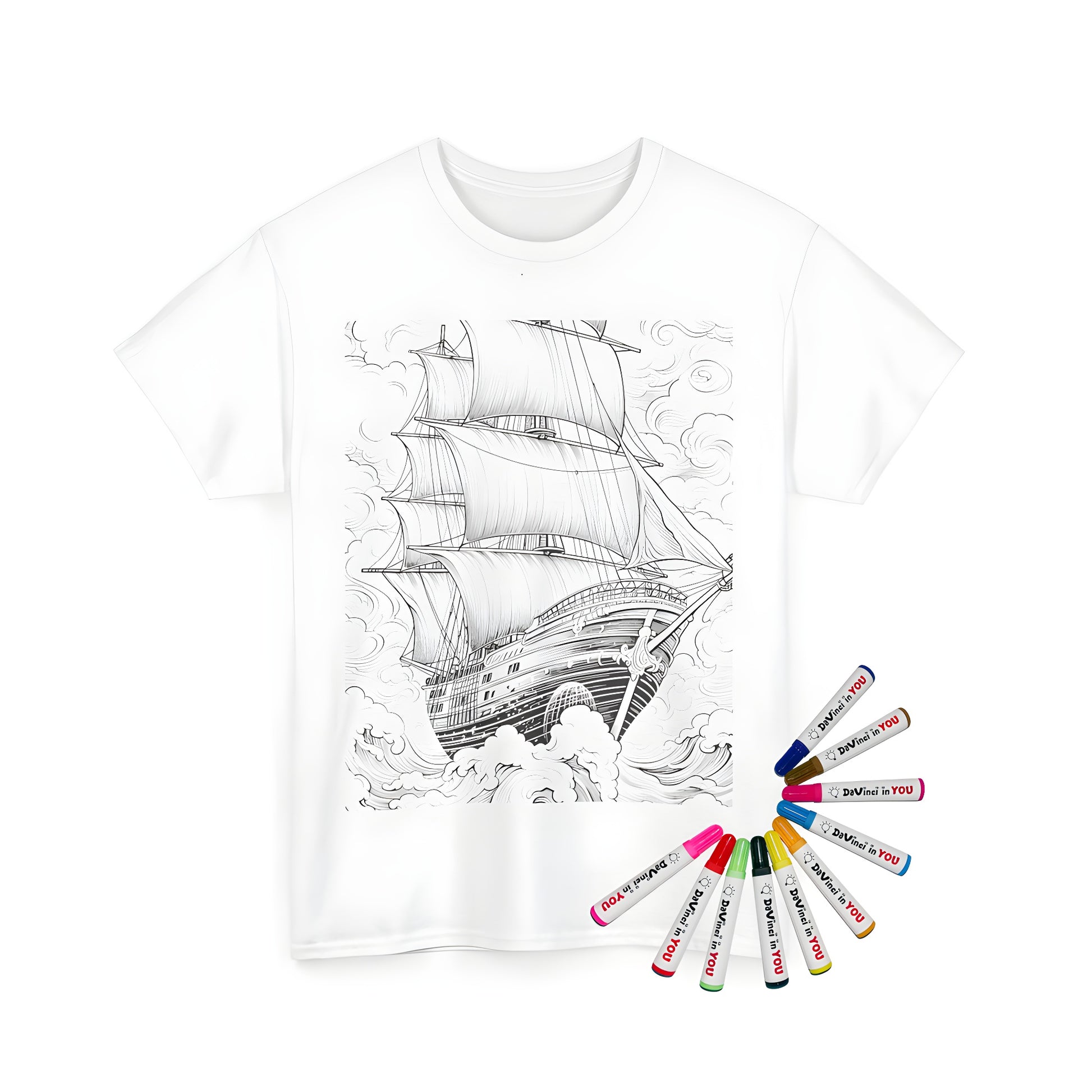 Vintage sailing ship model printed on high-quality unisex t-shirt. Historical vessel design with intricate details and sails on stormy ocean wave under cloudy sky.