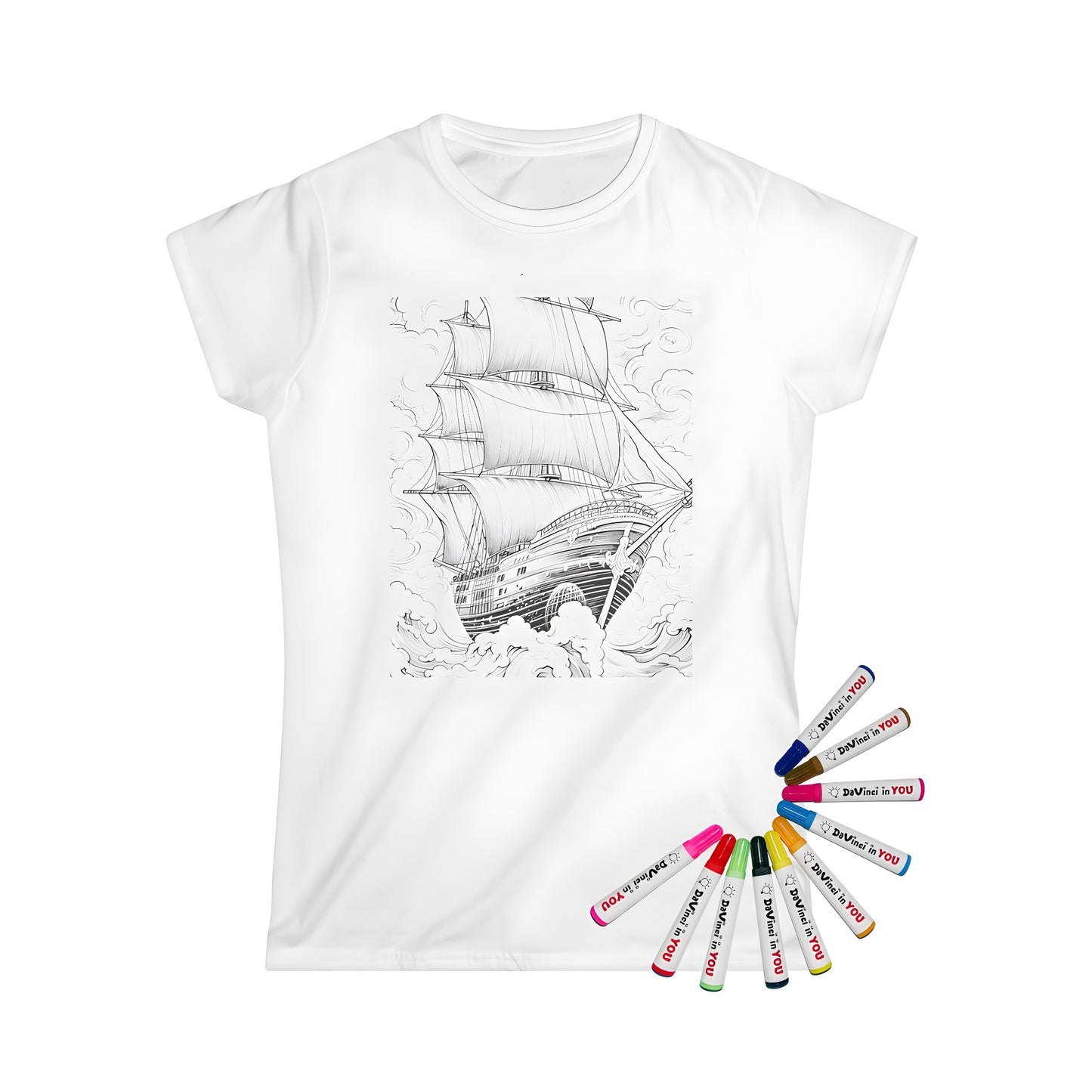 Women's vintage sailing ship graphic t-shirt with intricate details of maritime history