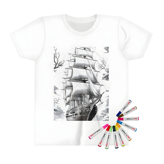 Colored kids t-shirt of historic sailing vessel at sea