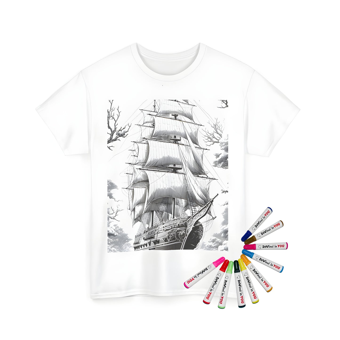 Unisex t-shirt featuring an historic sailing ship design with detailed black and white illustration of a vessel with full sails on the ocean