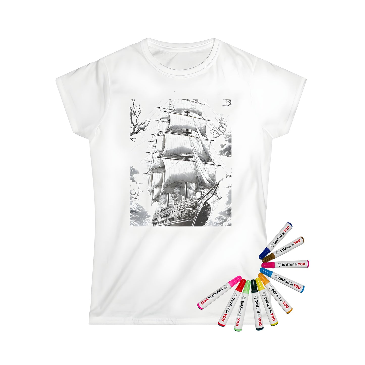 Women's graphic tee featuring an vintage nautical boat illustration with full sail, sea and sky