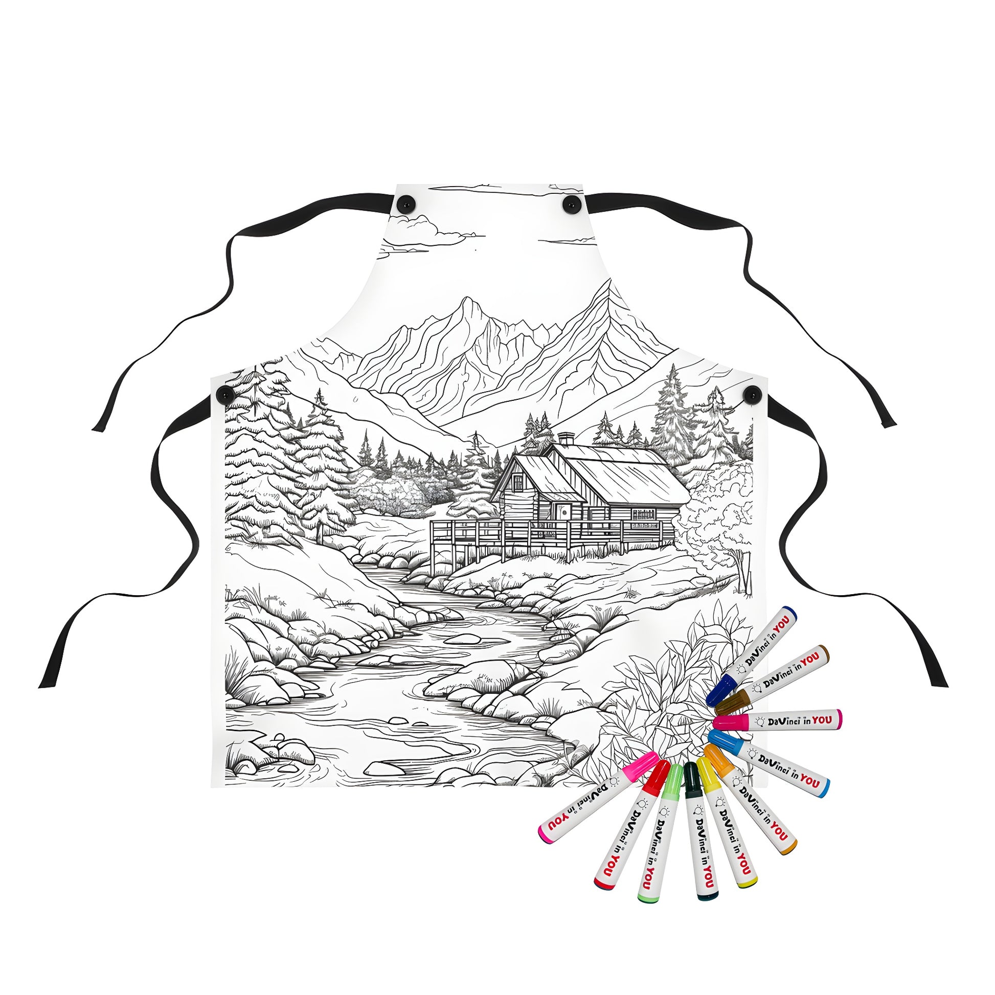 Coloring apron featuring a scenic mountain scene with cabin, stream, trees, rocks, and clouds