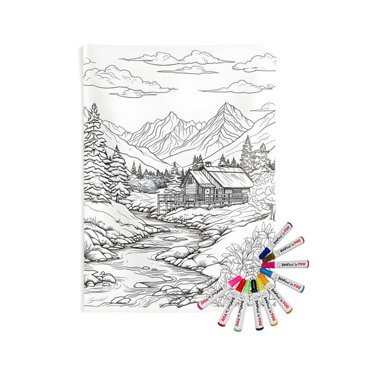 Indoor wall tapestries for home decor featuring a black and white coloring page of a serene mountain cabin scene by a peaceful stream, surrounded by lush trees, rugged rocks, and fluffy clouds