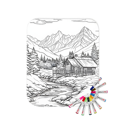 Cozy blanket featuring a serene mountain lodge scene with a tranquil stream, surrounded by lush trees and rugged rocks