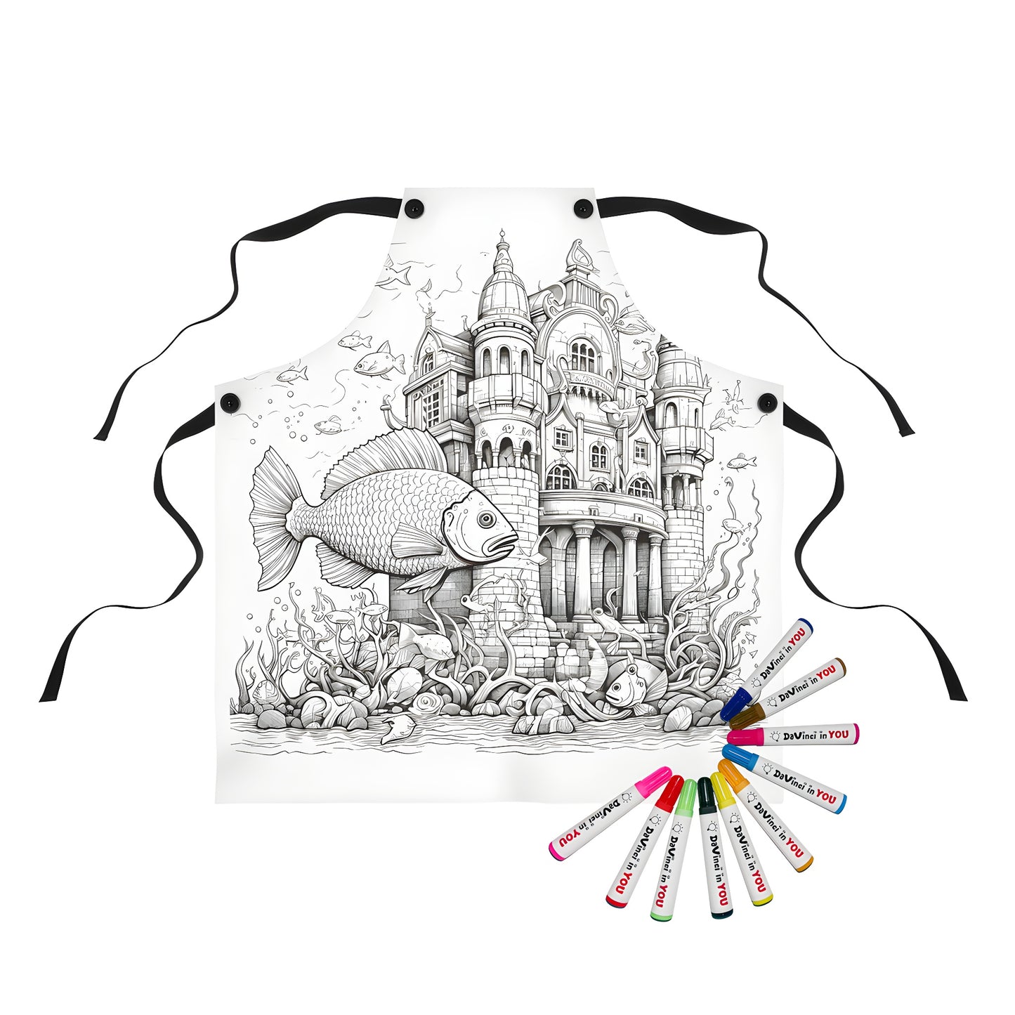 Coloring apron featuring an underwater castle scene with fish, sea creatures and seaweed