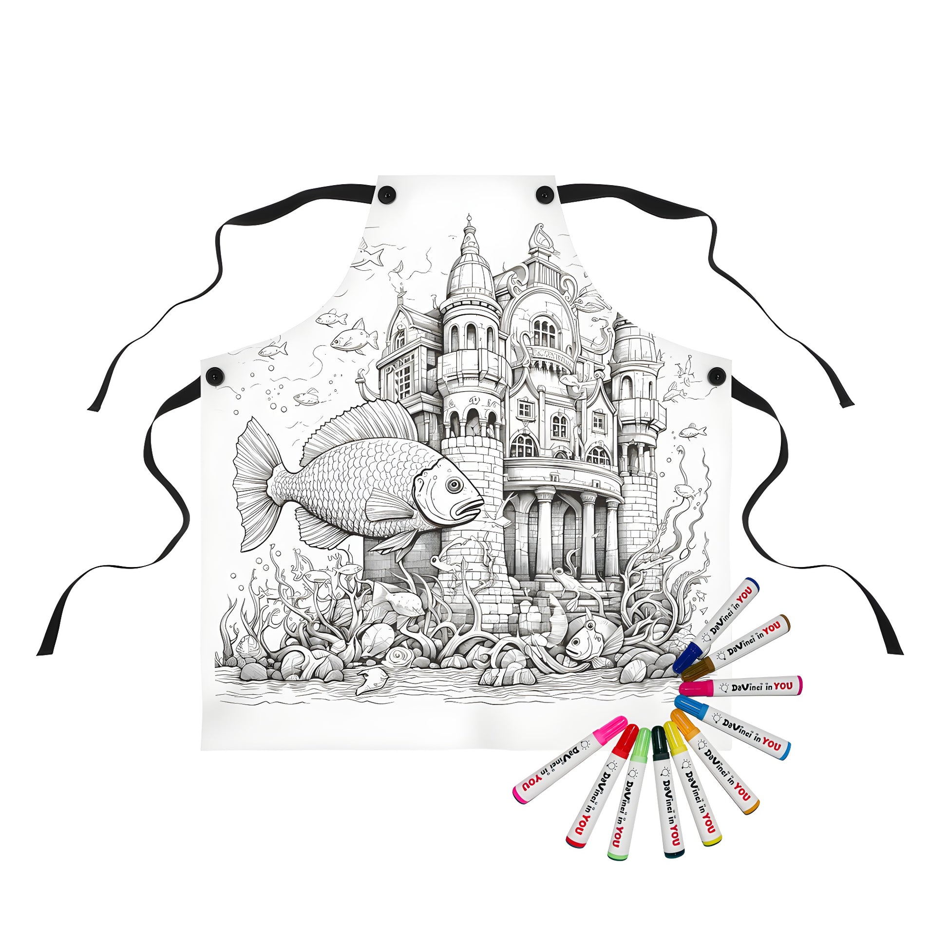 Coloring apron featuring an underwater castle scene with fish, sea creatures and seaweed