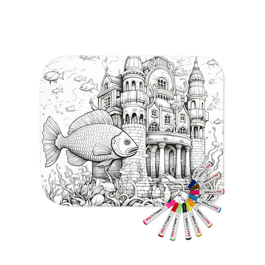 Underwater Castle Coloring Page Design Blanket with Fin-tastic Fish and Seaside Castle Scene