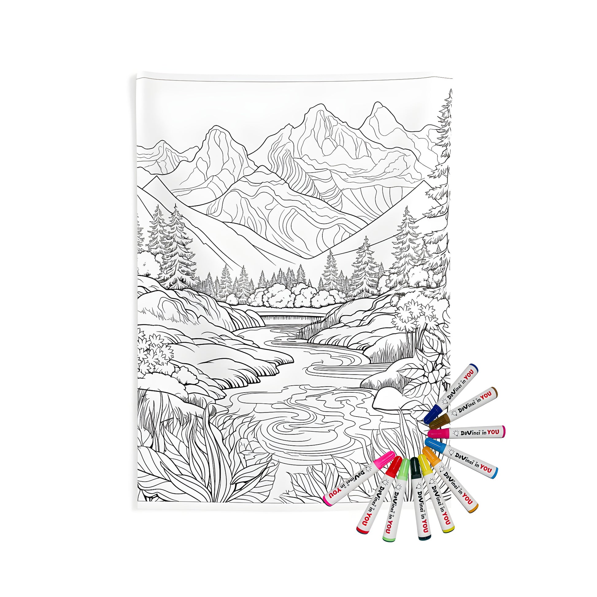 Mountain Landscape Indoor Wall Tapestry, Tranquil Coloring Page Design