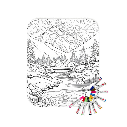 Blanket with vibrant coloring page design of serene mountain scenery, tranquil river, and lush forest