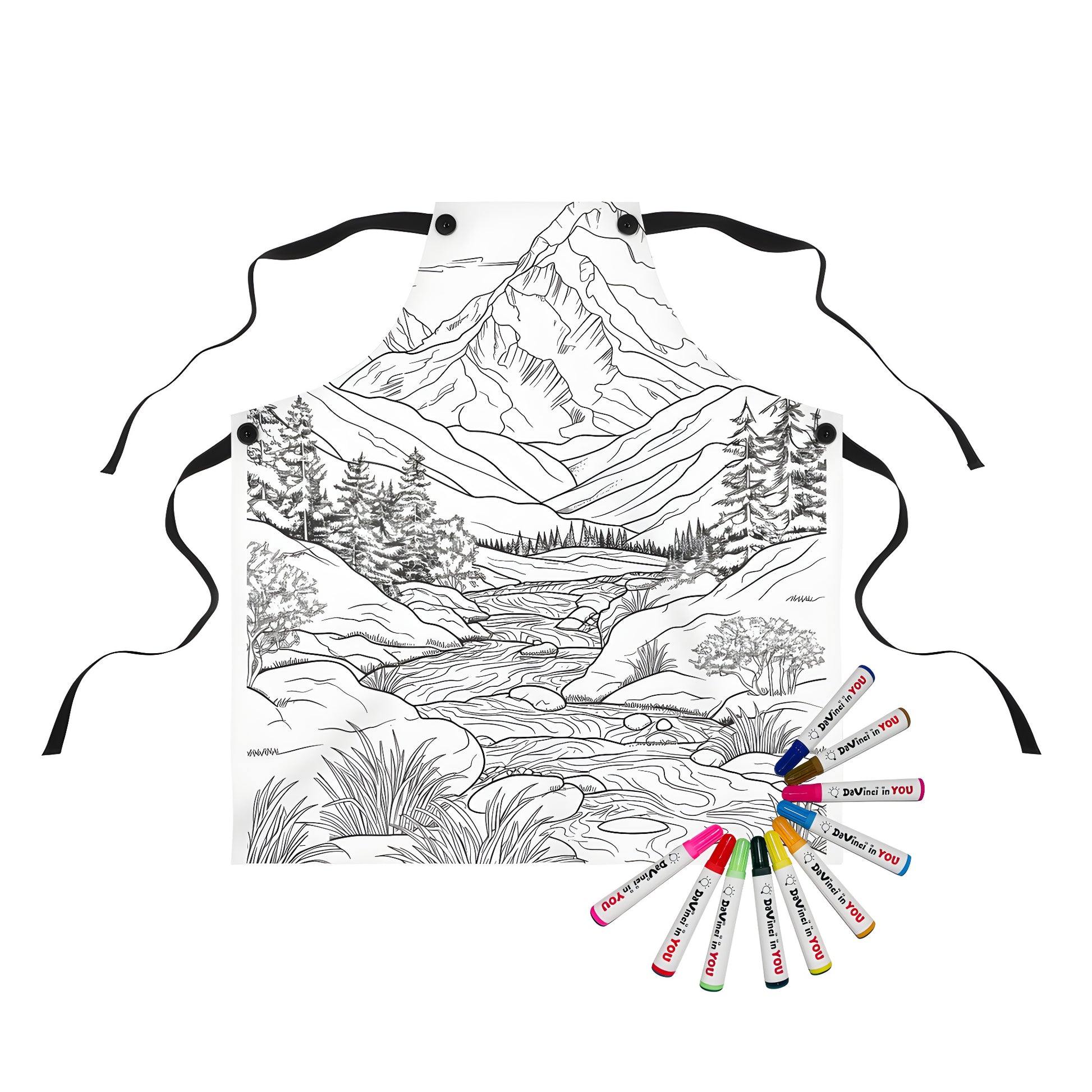 Coloring apron with a black and white landscape design of a flowing river, waterfalls, and mountains