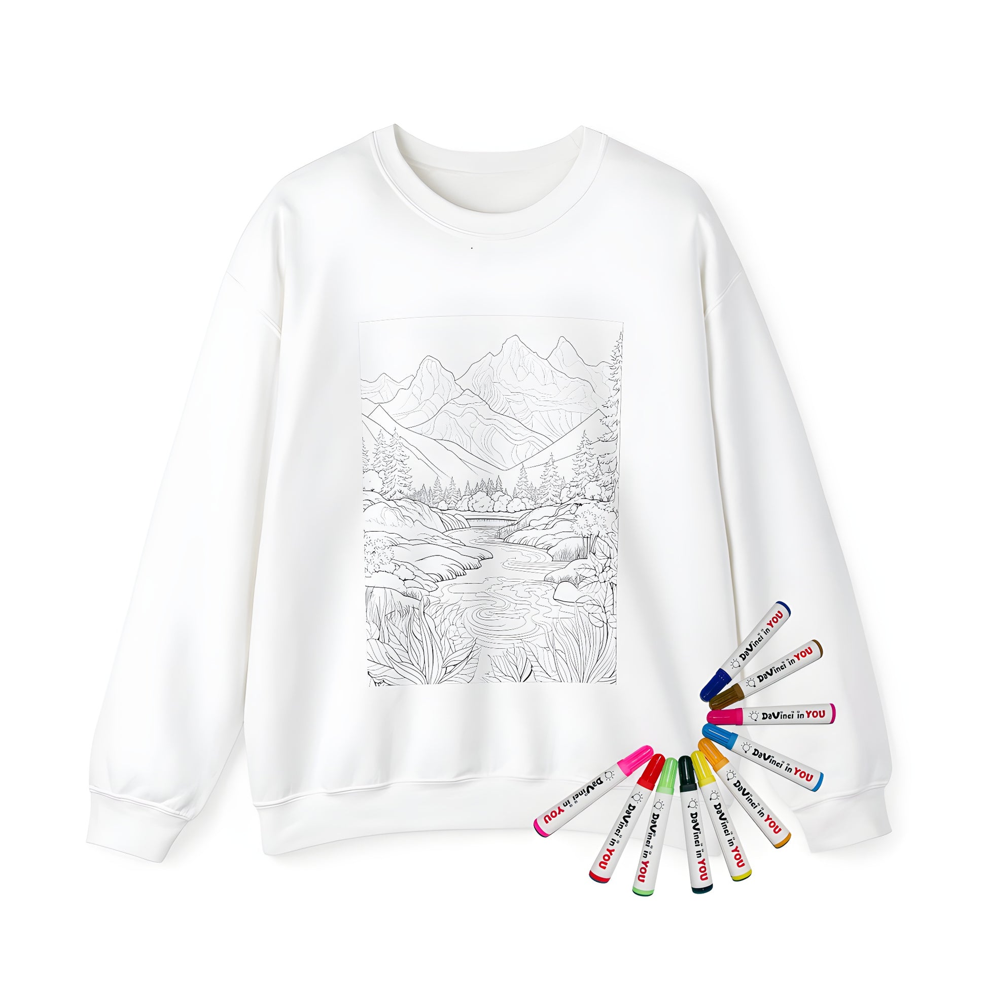 Adult sweatshirt featuring a serene countryside scene with a tranquil river, lush trees, and majestic mountainous background