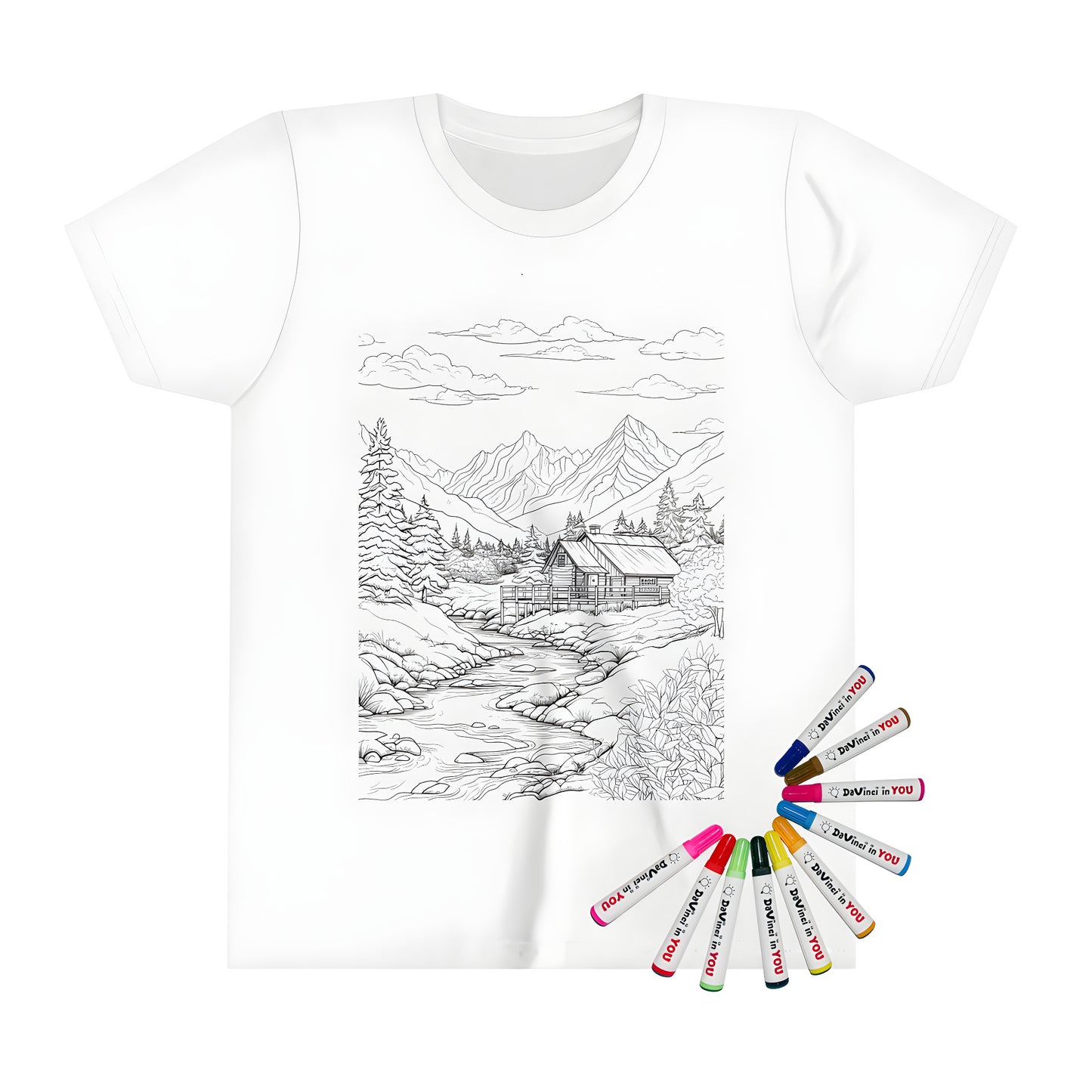 Mountain hut, log cabin, or timber frame house kids t-shirt coloring page art design with fabric markers