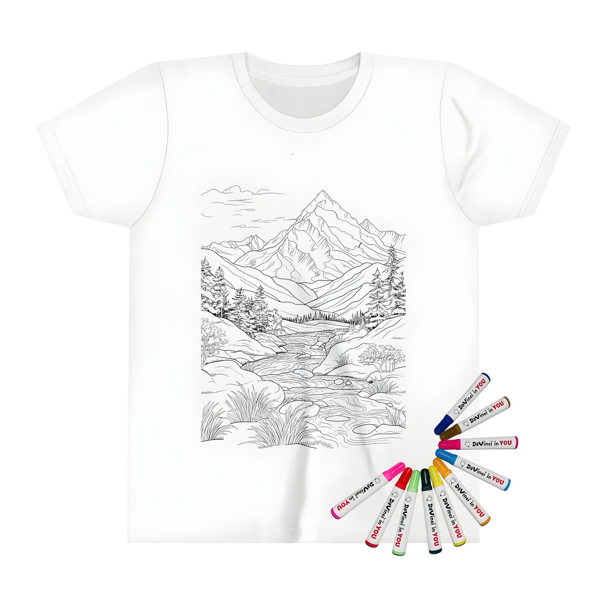 Kid's t-shirt with a mountain landscape design, featuring a serene waterfall, tranquil stream and rocky terrain