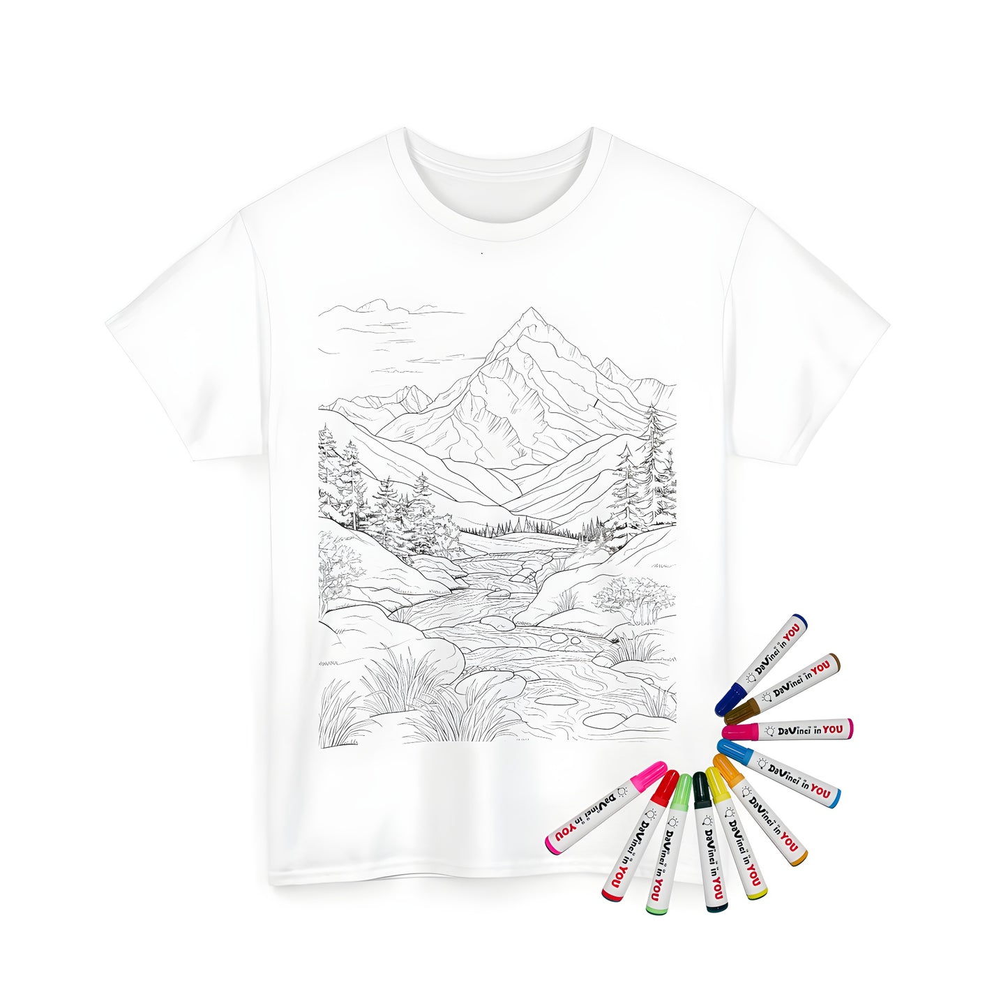 Mountain water scenery, river, landscape, nature art design on a unisex t-shirt