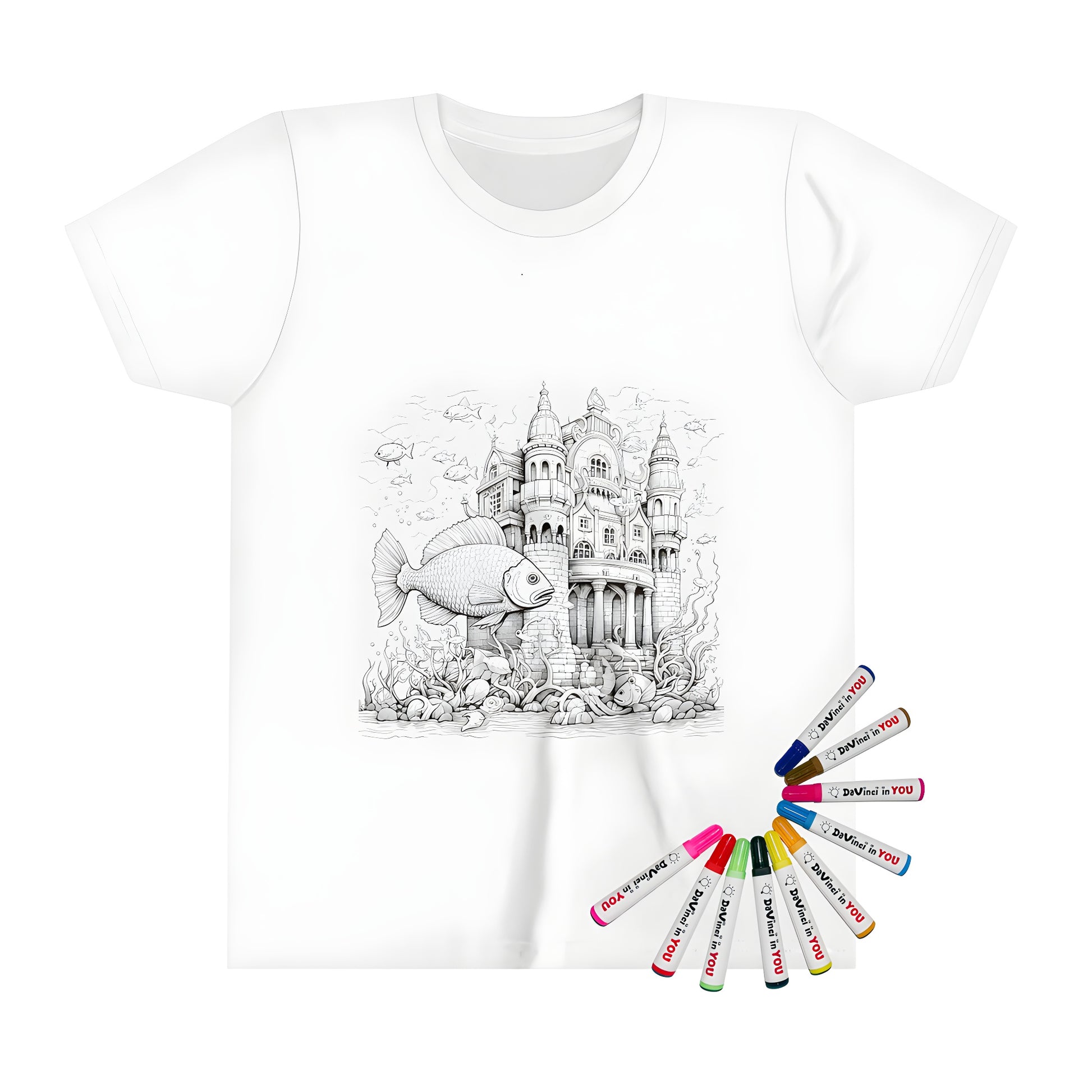 Colorful kid's t-shirt featuring an underwater castle scene with various fish, seaweed, and ocean elements