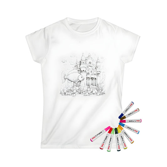 Women's t-shirt featuring an underwater castle design with colorful fish swimming around