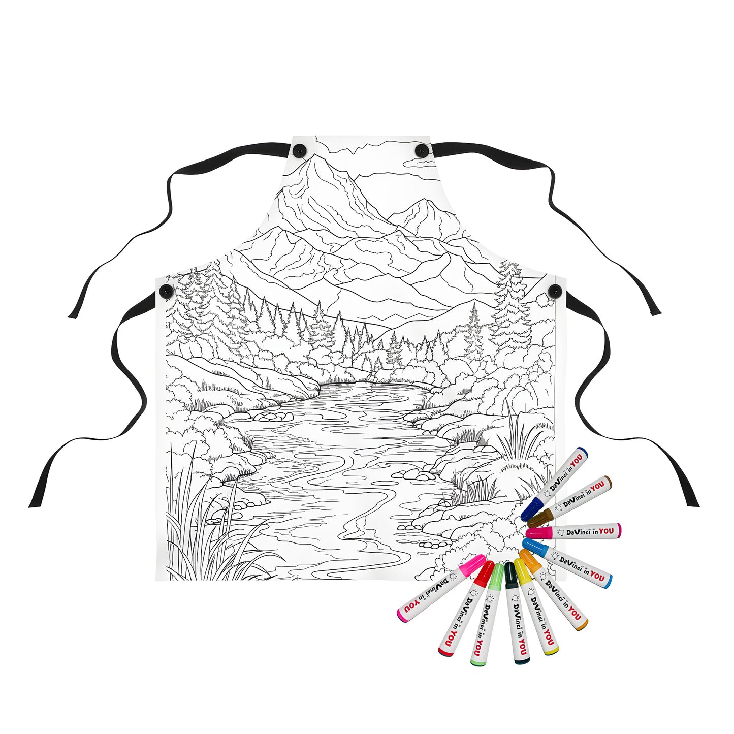 Colorful apron featuring a serene mountain landscape artwork with flowing river, pine trees, and lush vegetation