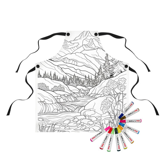 Apron with a mountain landscape design featuring a black and white scene of mountains, rivers, trees, and shrubs for coloring