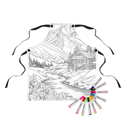 Apron with vibrant coloring page design featuring a wooden cabin by a flowing river, surrounded by towering mountains and lush trees