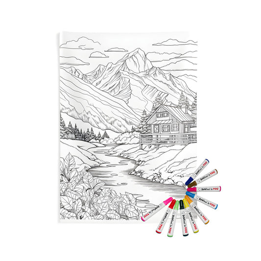 Mountain Cabin Wall Tapestry, Woodland Scene Coloring Kit with Markers