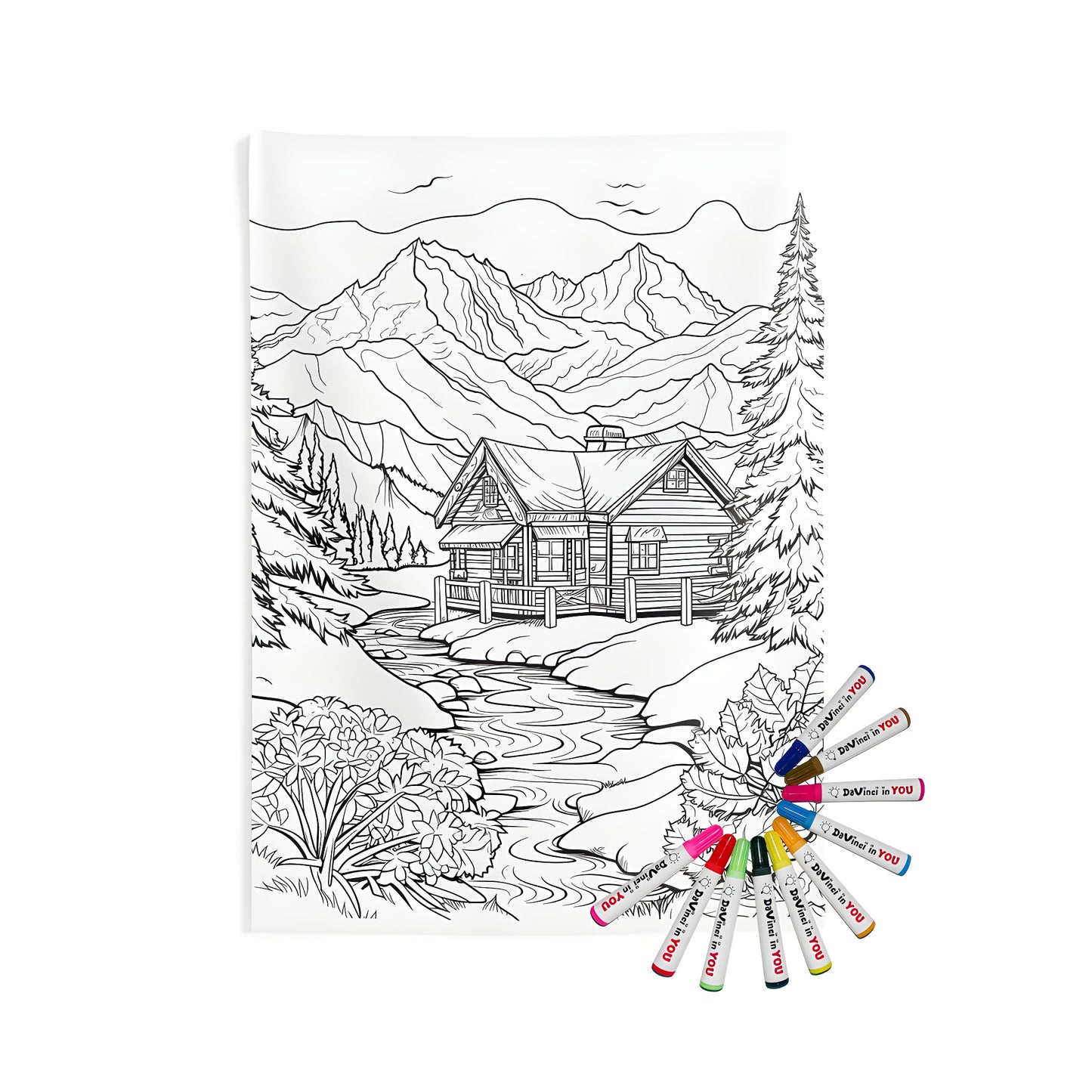 Indoor wall tapestry featuring serene mountain cabin designs with lush trees and majestic mountains