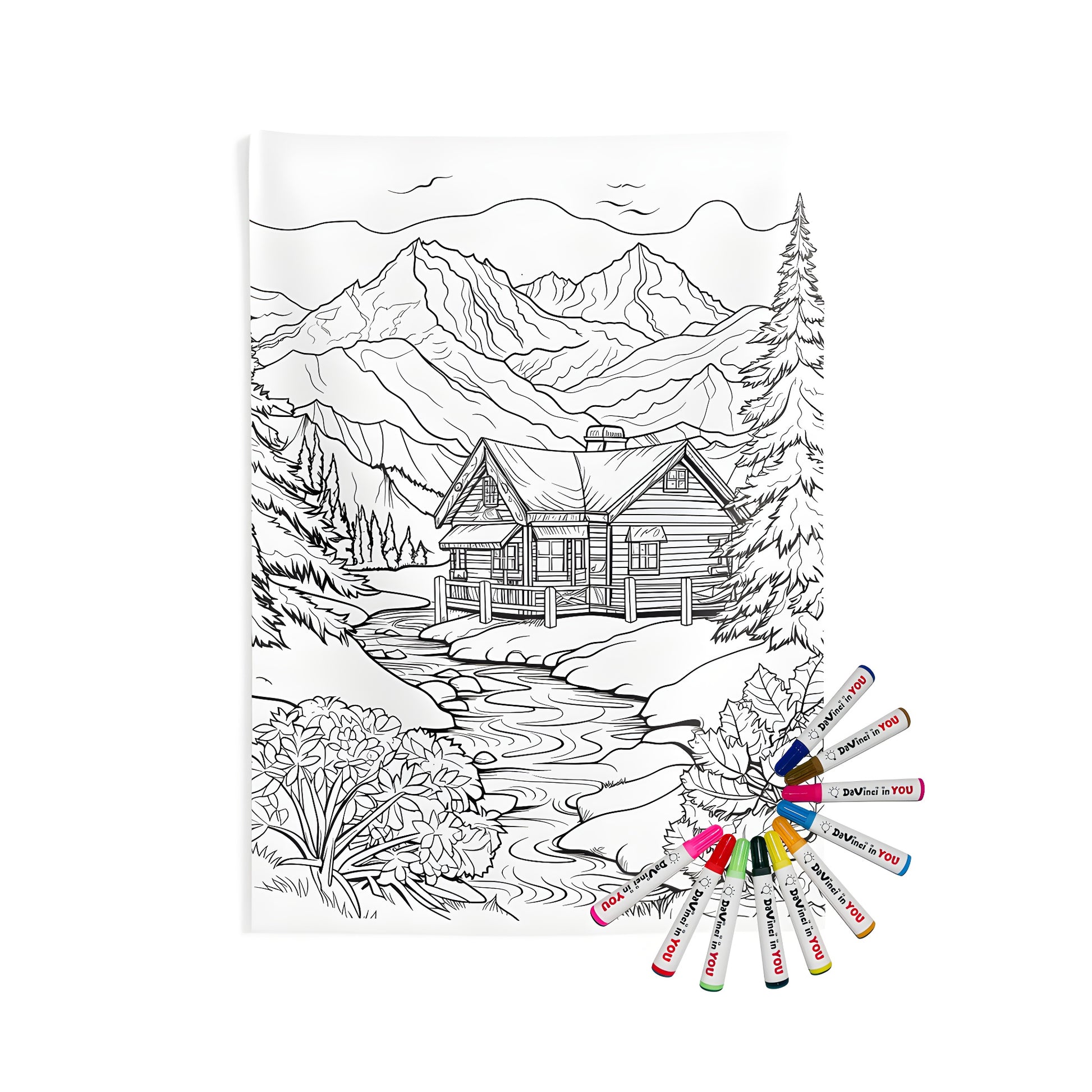 Indoor wall tapestry featuring serene mountain cabin designs with lush trees and majestic mountains