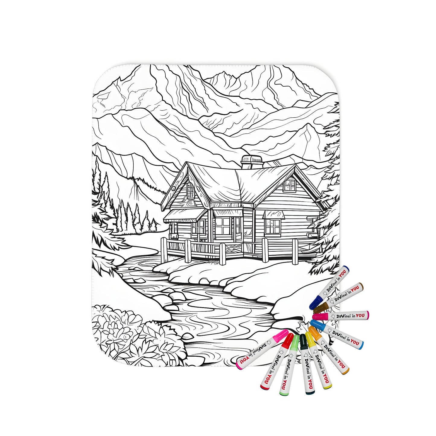 Cozy mountain cabin blanket coloring kit with vibrant fabric markers