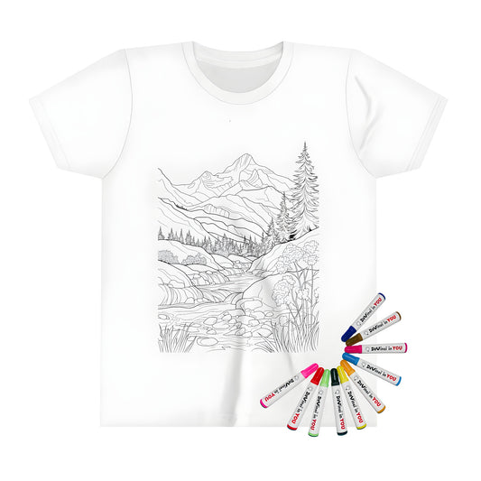 Coloring page design of Black and white mountains landscape on a kid's t-shirt