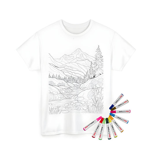 Coloring kit for unisex t-shirts featuring a mountainous landscape design