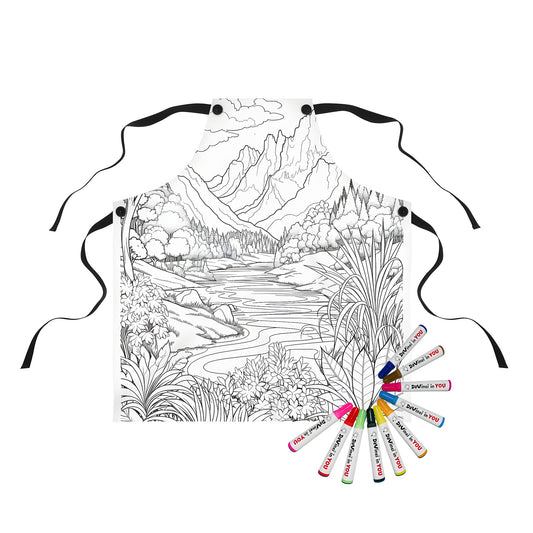 Coloring apron featuring a detailed black and white line drawing of mountains, hills, lake, river, forest, trees, and plants in a serene natural landscape setting. Perfect for outdoor enthusiasts.