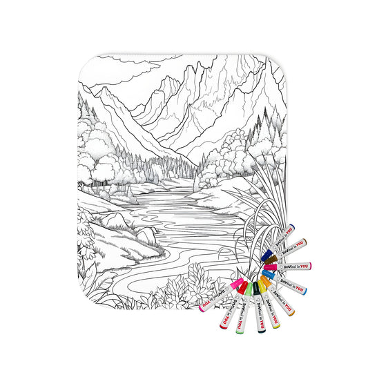 Blanket with detailed mountains and river scene design