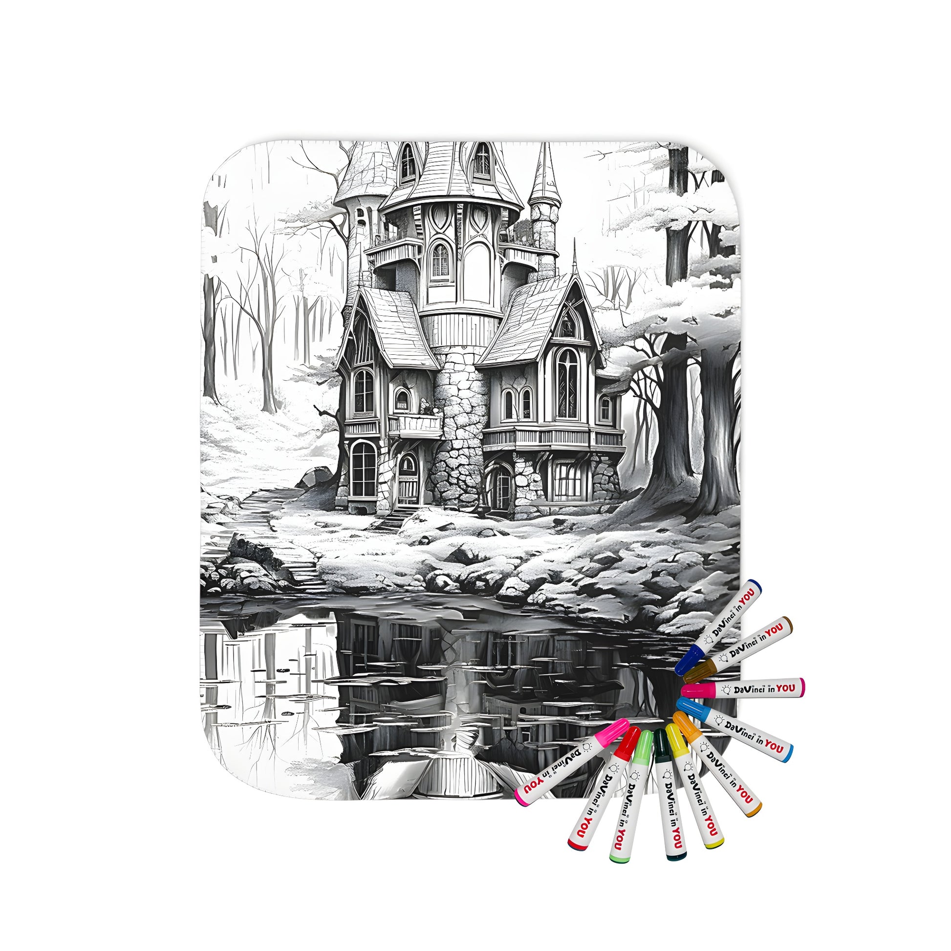 A cozy blanket featuring an enchanting gothic castle illustration with turrets, set amidst a serene forest and lake reflection