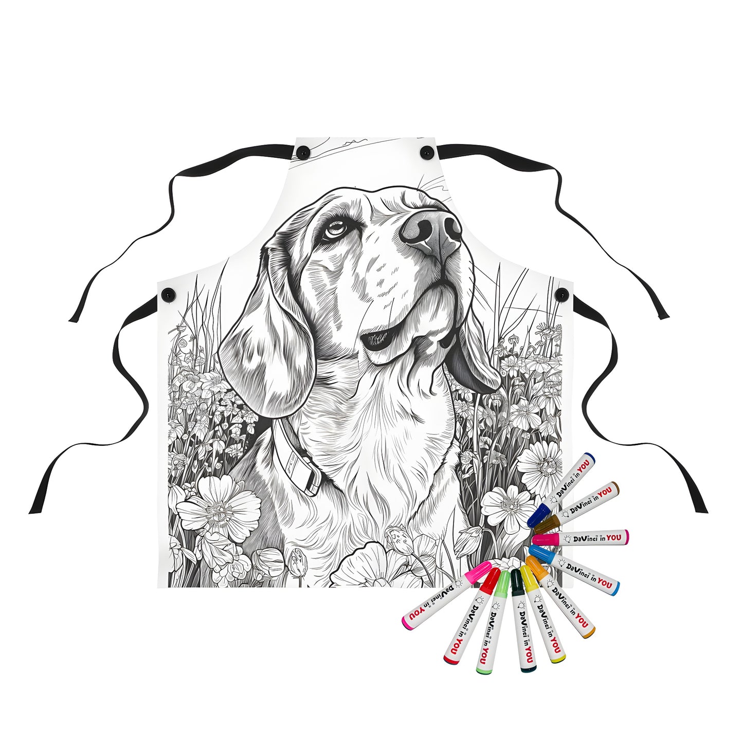 Coloring apron with detailed dog illustration in meadow scene