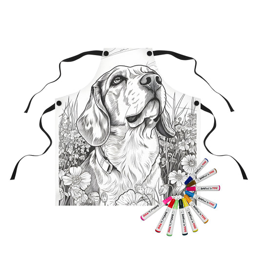 Coloring apron with detailed dog illustration in meadow scene