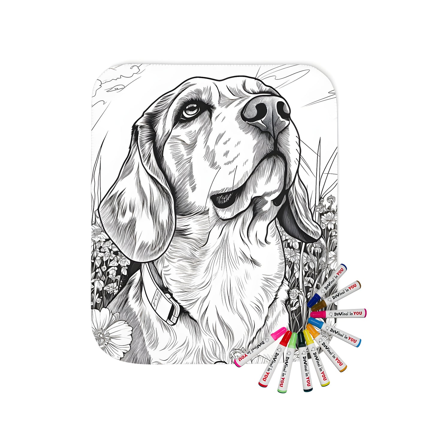 Blanket with dog and meadow design, colorful blanket