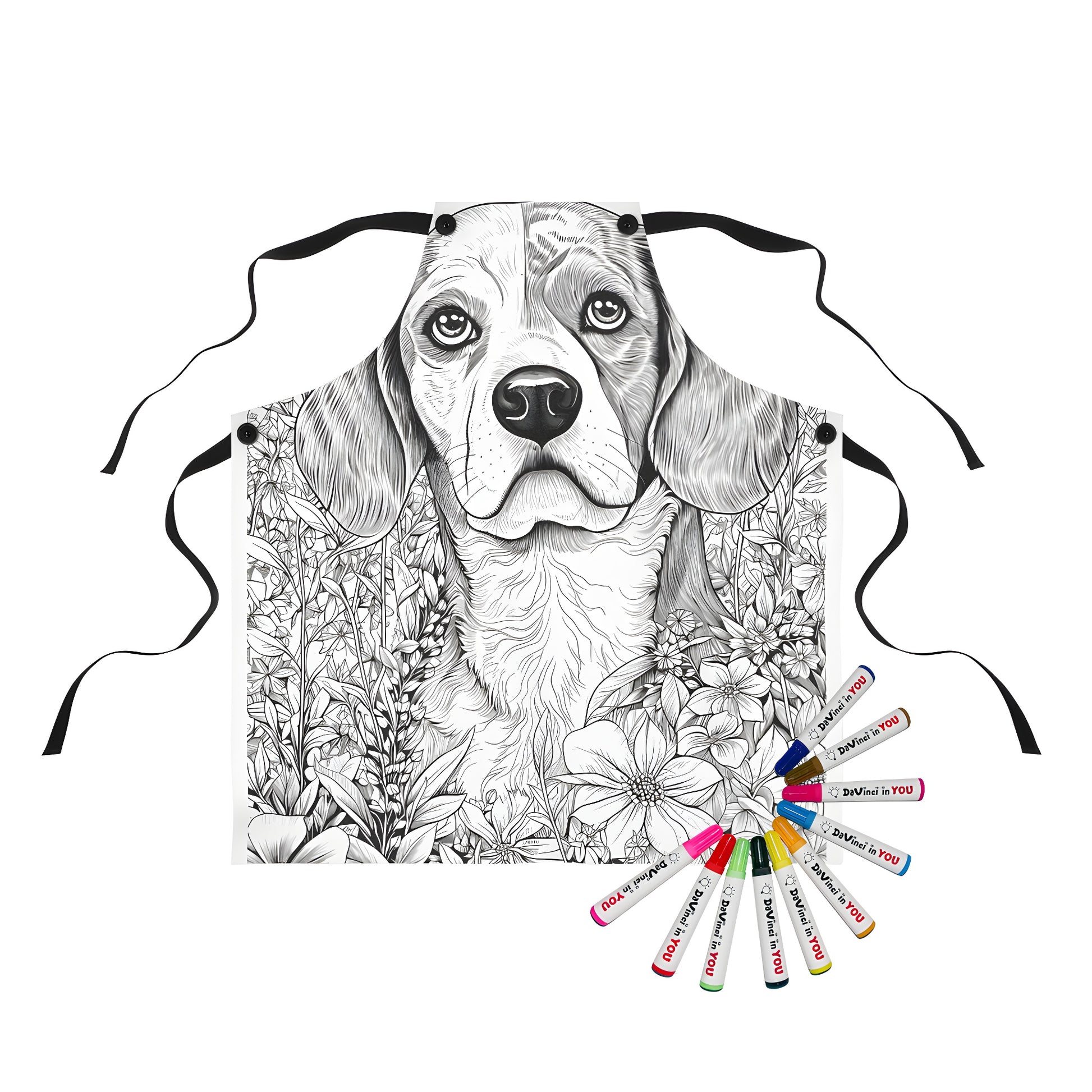 Apron with intricate black and white illustration of dog surrounded by flowers, designed as a coloring page