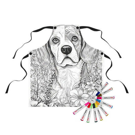 Apron with intricate black and white illustration of dog surrounded by flowers, designed as a coloring page