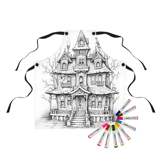 Aprons with spooky mansion design, haunted house print, gothic mansion art