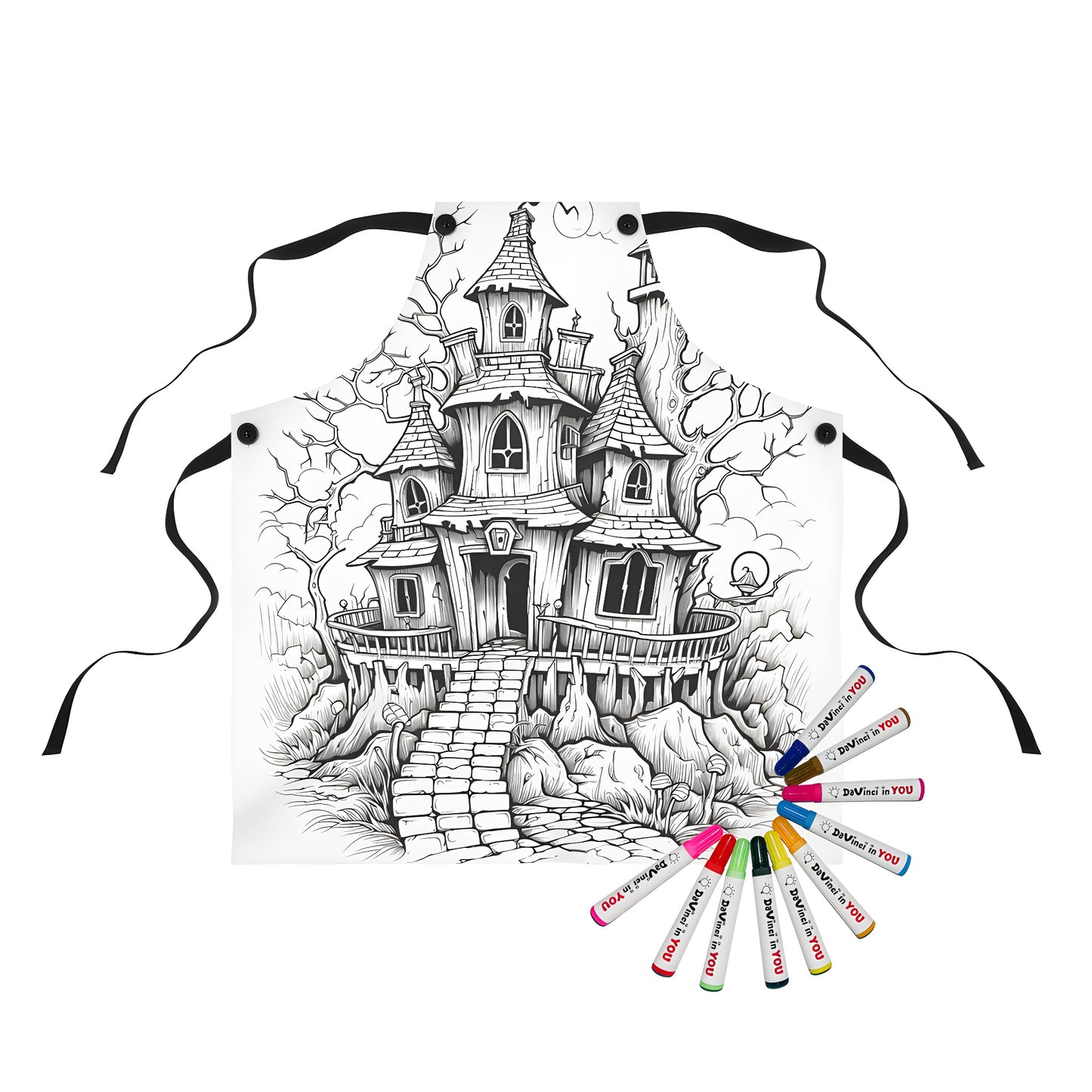 Apron featuring a spooky haunted house design with twisted architecture and eerie trees, ideal for Halloween themes.